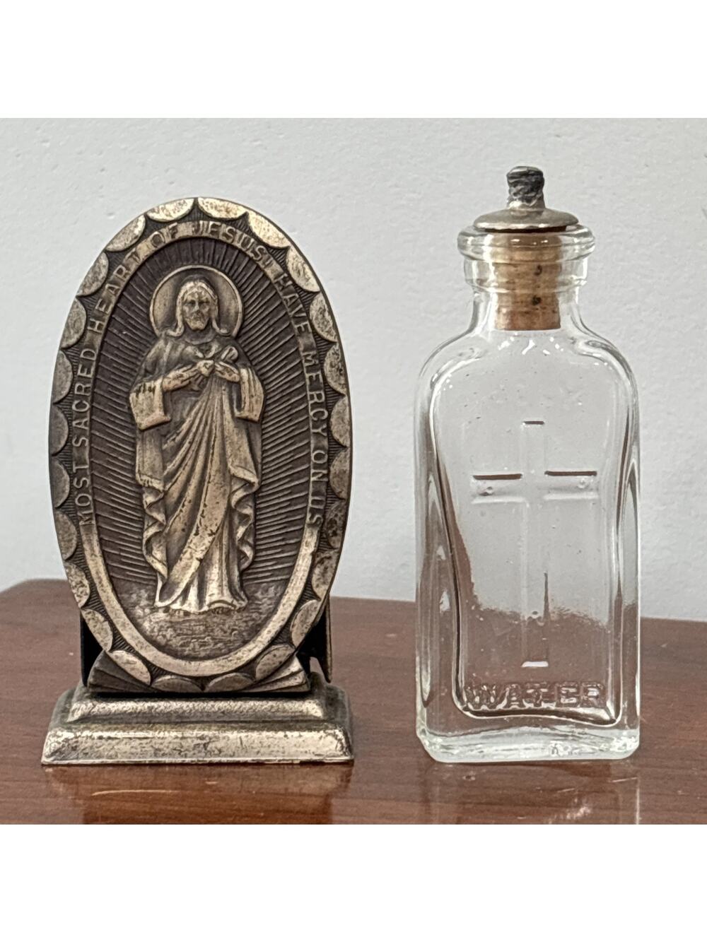 Antique Vintage Holy Water Holder & Glass Bottle Seal Sacred Heart of Jesus